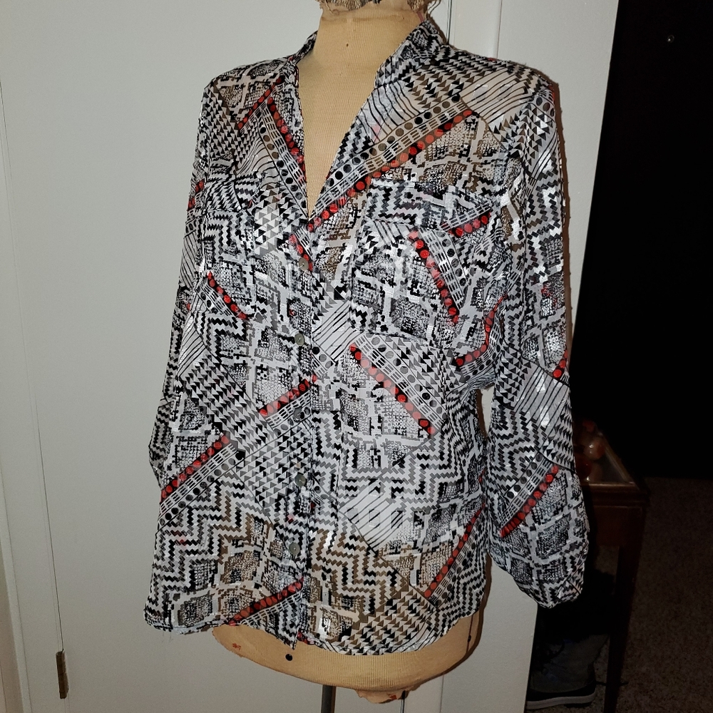 Ruby Rd. Black, white & red sheer button down - Picture 5 of 7